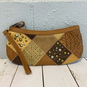 Like New Fossil Leather Patchwork‎ Embellished Clutch/Purse/Wristlet
